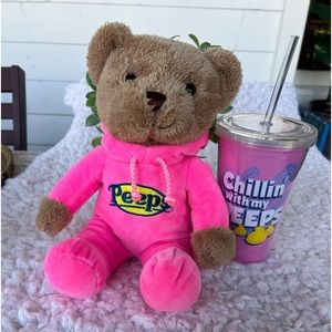 New without tags Pink plush Peeps teddy Bear & tumbler